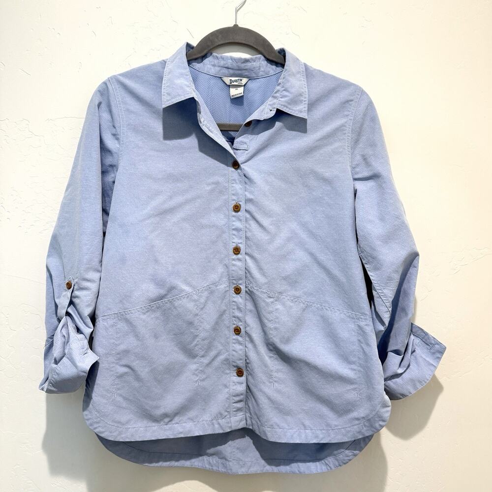 Duluth Trading Co Vented Button Down Shirt Womens XL Blue Roll Tab Long Sleeves